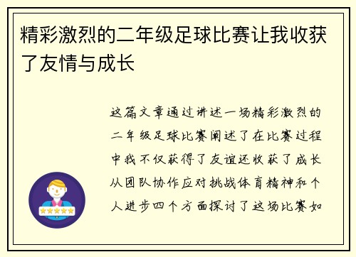 精彩激烈的二年级足球比赛让我收获了友情与成长