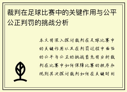 裁判在足球比赛中的关键作用与公平公正判罚的挑战分析