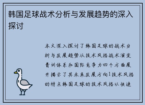 韩国足球战术分析与发展趋势的深入探讨