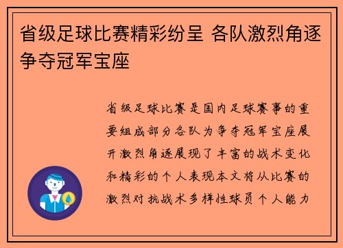 省级足球比赛精彩纷呈 各队激烈角逐争夺冠军宝座